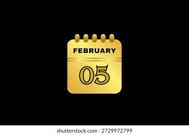 5 Februar Kalender Symbol Textseite monatliches Web-Design auf goldenem und schwarzem Hintergrund Vektor, Symbol oder Illustration mit dem Monat Februar 5