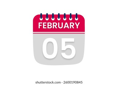 5 February month single day vector, illustration, calendar with red, off white and white color background calendar February 5