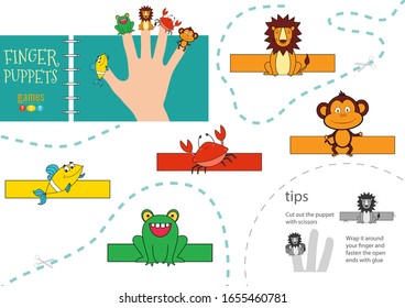 5 finger puppet vector animals. Cut and glue educational worksheet for preschool or school kids. Set of isolated lion, monkey, frog, fish hand dolls for children theatre