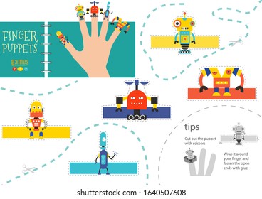 5 finger puppet vector robots. Cut and glue educational worksheet for preschool or school kids. Set of isolated hand dolls for children theatre