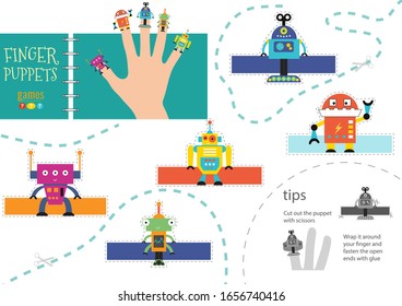 5 finger puppet vector robots. Cutout educational worksheet for preschool or school kids. Set of isolated hand dolls for children theatre