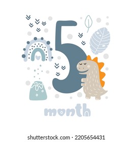 5 five months Baby boy anniversary card metrics. Baby shower print with cute animal dino, flowers and palm capturing all special moments. Baby milestone card for newborn.