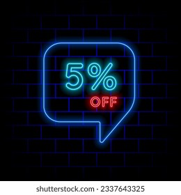 5% five percent off neon lettering. vector illustration. bricks background.