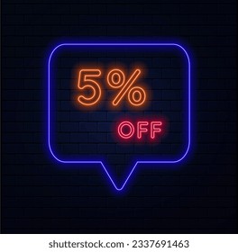 5%. five percent off. neon style. Sale of special offers. A neon style balloon ad for a shopping day retail advertising campaign. bricks background. vector illustration