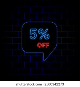 5% five percent off neon letters. vector illustration. brick background. in blue and red colors.