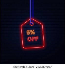 5%. cinco por ciento de descuento. colores vivos de neón. diseño de plantilla de etiqueta. estilo neón. oferta especial promoción de ventas flash. fondo de ladrillos. azul, naranja y rojo. ilustración vectorial.