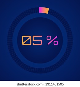 5 % five percent. Vector digital count down circle board with circle percent pie diagram. Circular sector percentage diagrams (meters) - indicator with gradient from hot pink to orange. Vector