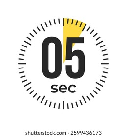 5 or five second Timer, clock, stopwatch isolated icons. Countdown timer symbol. Label cooking time. Minute timer, Time measure, Chronometer, Alarm, Kitchen timer, label, sticker, stamp. Vector