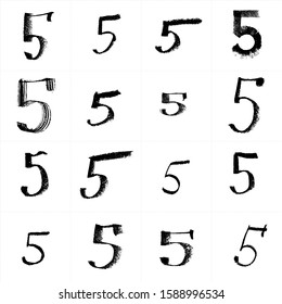 5 five. Set of hand drawn digits. Hand made written with crayon templates of figures. Patterns of grunge style calligraphy for graphic design works. 