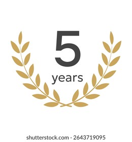 5 five years anniversary emblem with golden laurel wreath. Vector illustration