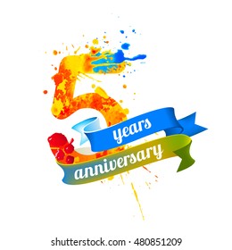 5 (five) years anniversary. Vector watercolor splash paint