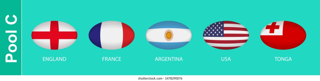 5 flags in the style of a Rugby ball. Flags of the nations participating in Rugby 2019, pool C. Vector flags.