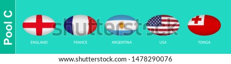 5 flags in the style of a Rugby ball. Flags of the nations participating in Rugby 2019, pool C. Vector flags.