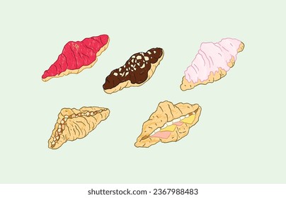 5 flavours of croissants: strawberry, chocolate with almond, sugar, apples, eggs, ham, and cheese