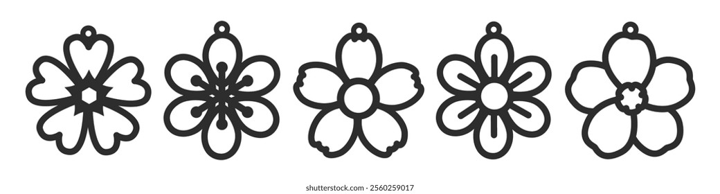 5 Floral earrings, pendant or keychain designs. Jewelry silhouette cut template with flower shape. Laser cutting with leather, wood or metal