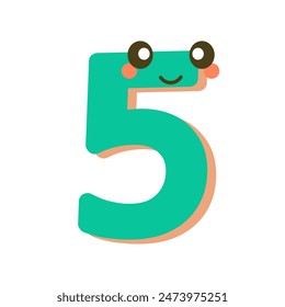5 font number. Number with five cute faces, children, children's room, birthday party design, cartoon vector illustration
