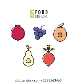 5 food icon set concept ideas line icon. Vector isolated icon, pomegranate, grape, peach, pear and radish