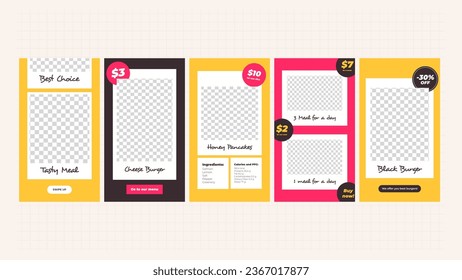 5 food social media stories in photocard or snapshot style. Great advertising tool for new restaurants and eateries. They can be used in various promotional campaigns for cafés and restaurants.