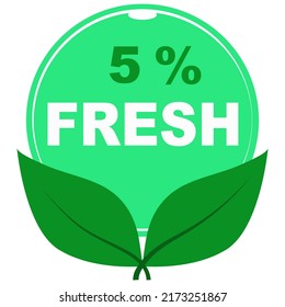5% fresh fruits vector art illustration sign symbol in green round shape with leaves business stamp isolated on white background