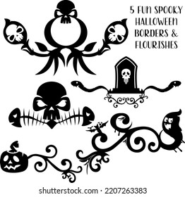 5 Fun Spooky Halloween Isolated Vector Borders and Flourishes With Skulls, Snakes, Headstones, Ghosts, Pumpkins, and More