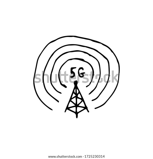 5gアンテナが危険な電波を放射する 白い背景にベクター手描きのイラスト ネットワーク インターネット 接続 ワイヤレスデータ転送 のベクター画像素材 ロイヤリティフリー