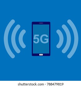 5 G icon of a smartphone and wi-fi on blue background 