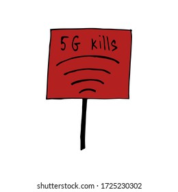 5 g wave kills on a red banner. Vector hand-drawn illustration on a white isolated background. Network, internet, connection. Wireless data transfer.
