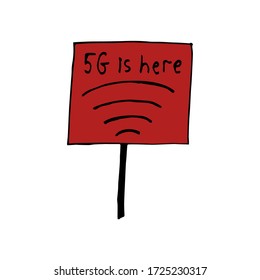 5 g wave on a red banner. Vector hand-drawn illustration on a white isolated background. Network, internet, connection. Wireless data transfer.