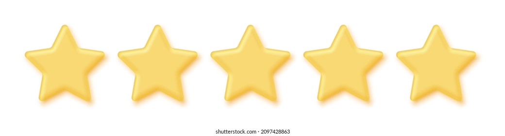 5 gold stars for product review vector illustration. 3d five yellow or golden ranking symbols in row for feedback, satisfaction opinion on website service or mobile app isolated on white background