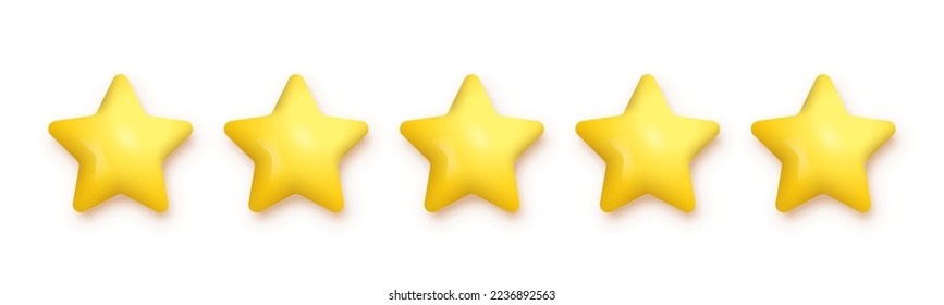 5 gold stars for product review vector illustration. 3d five yellow or golden ranking symbols in row for feedback, satisfaction opinion on website service or mobile app isolated on white background.