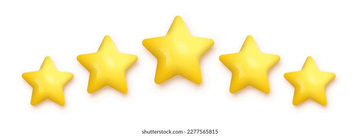 5 gold stars for product review vector illustration. 3d five yellow or golden ranking symbols in row for feedback, satisfaction opinion on website service or mobile app isolated on white background.