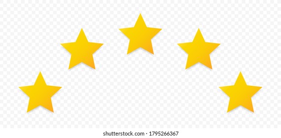 5 gold stars quality rating icon. Five yellow star product quality rating. Golden star vector icons. Stars in modern simple with shadow. Vector illustration.