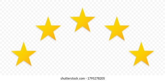 5 gold stars quality rating icon. Five yellow star product quality rating. Golden star vector icons. Stars in modern simple with shadow. Vector illustration.