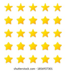 5 gold stars quality rating icon. Five yellow star product quality rating. Golden star vector icons. Stars in modern simple with shadow. Vector illustration.
