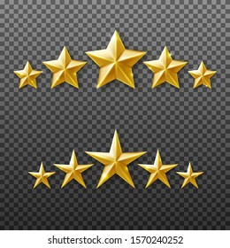 5 Gold stars rating set isolated on transparent background. Vector realistic five golden stars