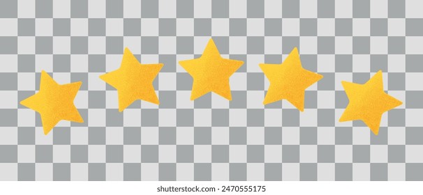 5 gold stars rating vector illustration isolated on transparent background. Stars with grainy gradation for web or app