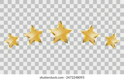 5 gold stars rating vector illustration isolated on transparent background. Stars arranged in an arch for web or app