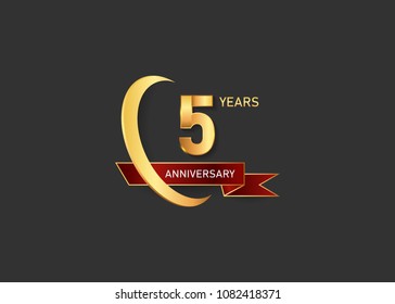 5 golden anniversary design logotype  with gold swoosh ring and red ribbon can be used  for celebration event, isolated on dark background