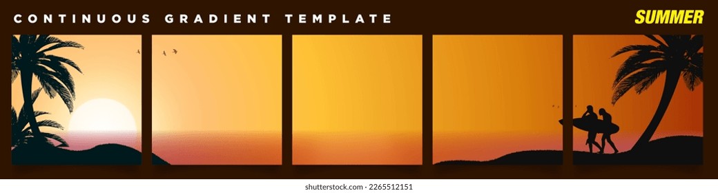 5 Golden Beach Sunset Continuous Gradient Background with silhouettes of two surfers with surfboard and coconut trees. Perfect for designs, feeds, social media, banners. Vector Illustration. EPS 10.