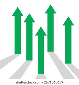5 green arrows pointing up with shadow represent teamwork, cooperation and competition also business growth, progress, optimism and trading profit