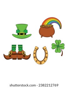 5 Green Vectors Of Leprechaun Hat Boots Pot Of Gold And Clover For St Patrick's Day