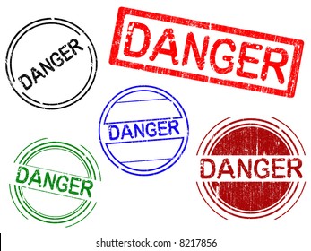 5 Grunge Office Stamps with the word DANGER in a grunge splattered text. (Letters have been uniquely designed and created by hand)