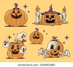 5 Juego de diseño de calabaza de Halloween con estilo retro de Antiguas. Elementos de diseño para el logotipo, insignias, Anuncios, etiquetas, carteles. Ilustración vectorial