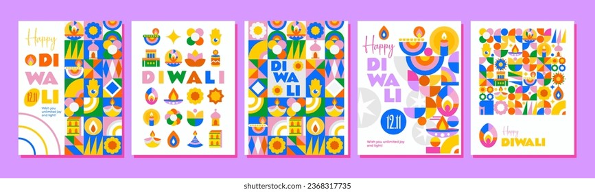 5 Happy Diwali Posters. Bright design in mosaic style, lots of lights, flowers and festive elements. Perfect as a greeting, cover, wallpaper and much more