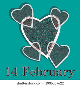 5 hearts of multi-colored dots in a white frames with the inscription  February 14 cast a shadow on a turquoise background. Stripped-back editorial design on a isolate background for mailing list emai