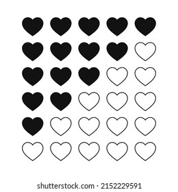 5 hearts rating. Five black hearts ranking. Review hearts rate on transparent background