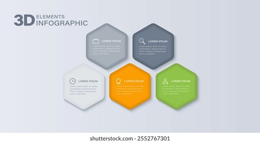 5 hexagonal 3D elements for creating infographics. Marketing or finance infographic template