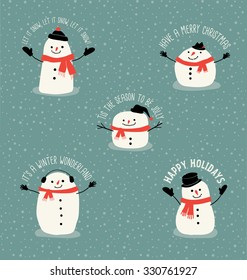 5 Holiday design elements with snowmen in simple flat style 