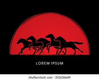 5 horses running, designed on sunset or sunrise background graphic vector.