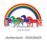 5 horses running, designed using colorful color on rainbows background graphic vector.